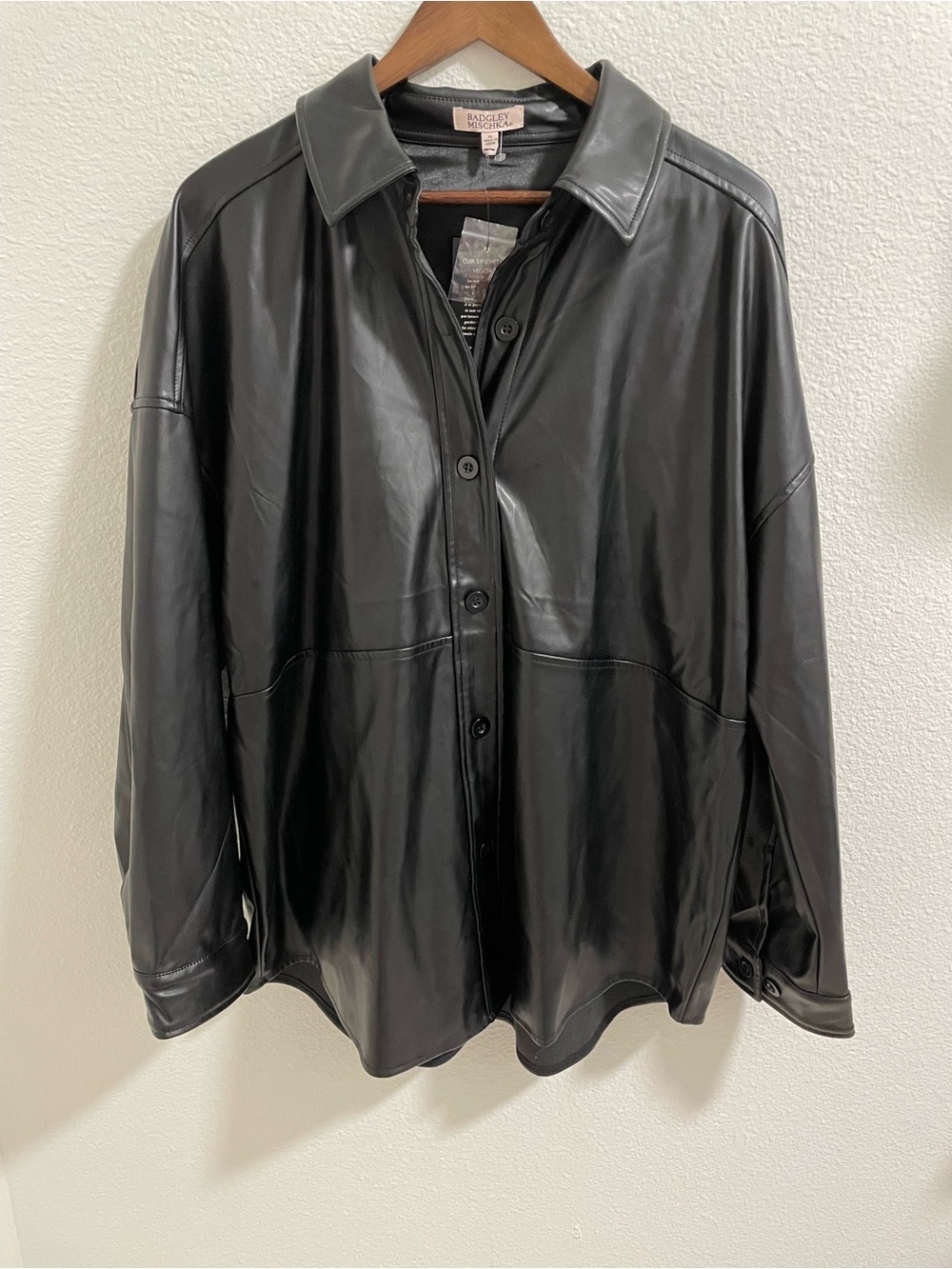 Black Vegan Leather Button-Front Shirt Jacket - Badgley Mischka NWT